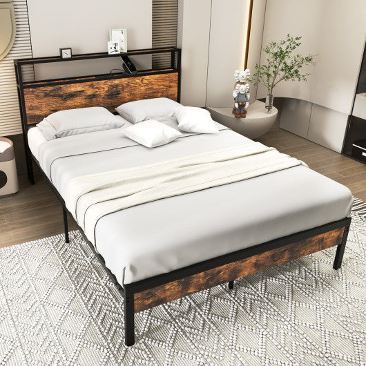 Twin/Full/Queen Bed Frame with Storage Headboard and Charging Station-Full Size