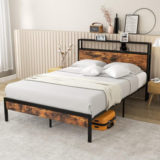 Twin/Full/Queen Bed Frame with Storage Headboard and Charging Station-Full Size