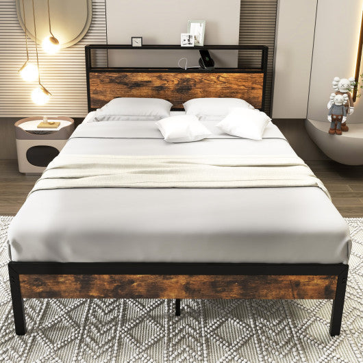 Twin/Full/Queen Bed Frame with Storage Headboard and Charging Station-Full Size