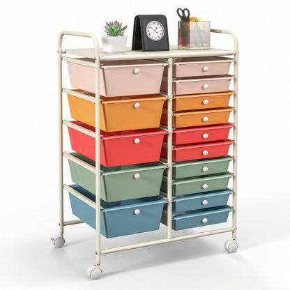 15-Drawer Utility Rolling Organizer Cart Multi-Use Storage-Deep Multicolor