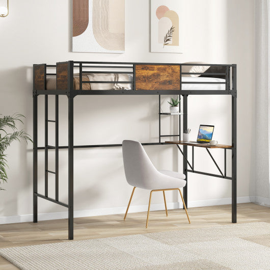 Twin Size Industrial Metal Loft Bed with Desk Storage Shelf and Build-in Ladder-Rustic Brown