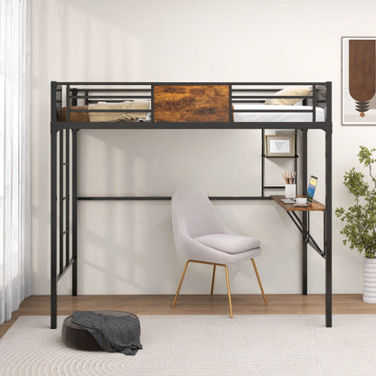 Twin Size Industrial Metal Loft Bed with Desk Storage Shelf and Build-in Ladder-Rustic Brown