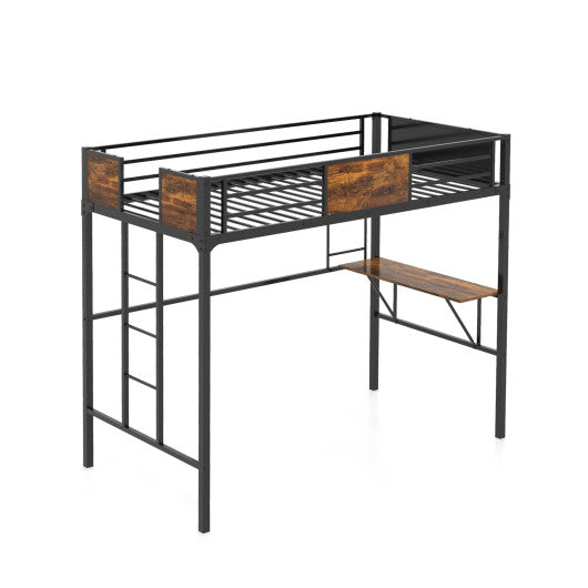 Twin Size Industrial Metal Loft Bed with Desk Storage Shelf and Build-in Ladder-Rustic Brown