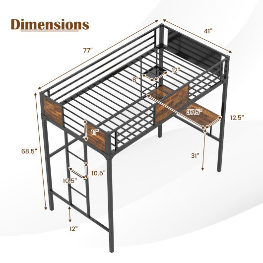 Twin Size Industrial Metal Loft Bed with Desk Storage Shelf and Build-in Ladder-Rustic Brown