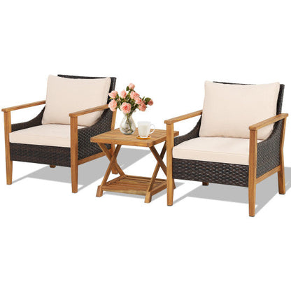 3 Pieces Patio Wicker Furniture Set with 2-Tier Side Table and Cushioned Armchairs-Natural