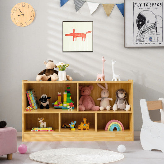 Kids 2-Shelf Bookcase 5-Cube Wood Toy Storage Cabinet Organizer-Beige