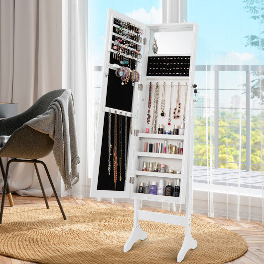 Standing Jewelry Cabinet with Full Length Mirror-White