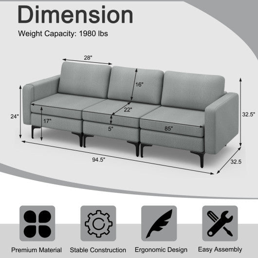 1/2/3/4-Seat Convertible Sectional Sofa with Reversible Ottoman-3-Seat