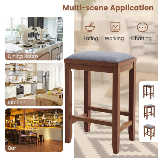 2 Pieces 25 Inch Upholstered Bar Stool Set with Solid Rubber Wood Frame and Footrest-Brown