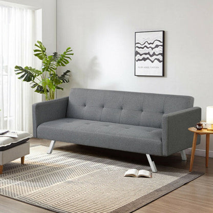 3 Seat Convertible Linen Fabric Futon Sofa with USB and Power Strip-Gray