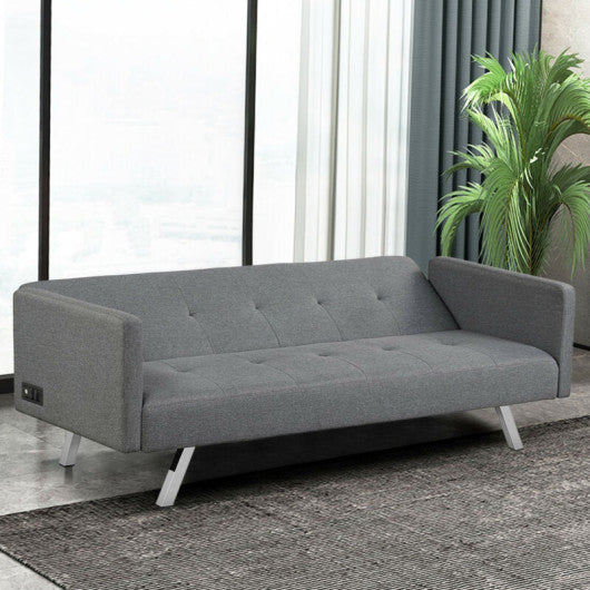 3 Seat Convertible Linen Fabric Futon Sofa with USB and Power Strip-Gray