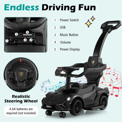 3 in 1 Licensed Lamborghini Ride Walking Toy Stroller-Black