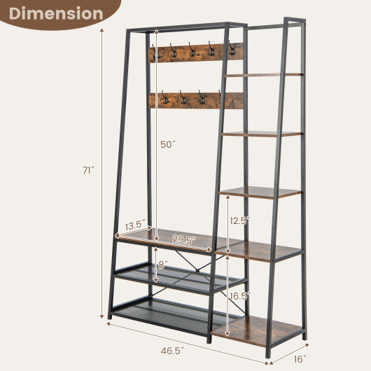 5-in-1 Entryway Hall Tree with Storage Bench with 9 Hooks-Rustic Brown