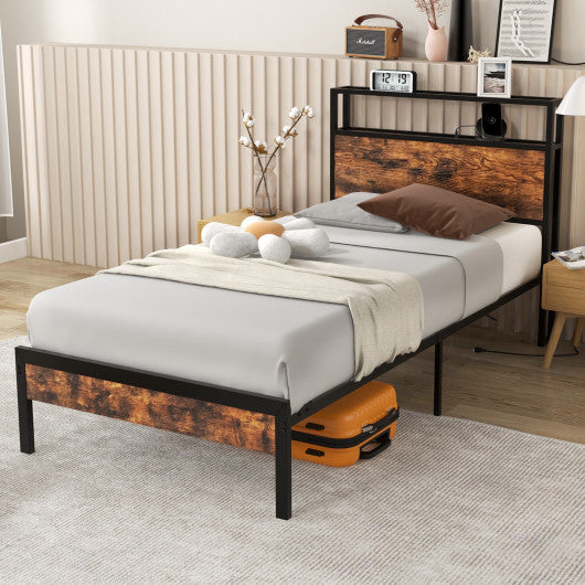 Twin/Full/Queen Bed Frame with Storage Headboard and Charging Station-Twin Size