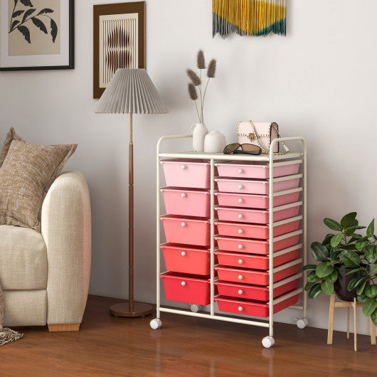 15-Drawer Utility Rolling Organizer Cart Multi-Use Storage-Gradient Pink