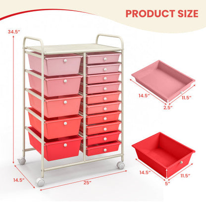 15-Drawer Utility Rolling Organizer Cart Multi-Use Storage-Gradient Pink