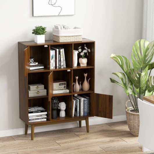 9-Cube Bookshelf with Open Shelves and 3 Door for Home Office-Walnut