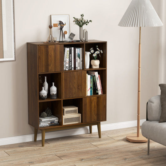 9-Cube Bookshelf with Open Shelves and 3 Door for Home Office-Walnut