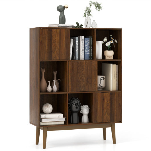 9-Cube Bookshelf with Open Shelves and 3 Door for Home Office-Walnut