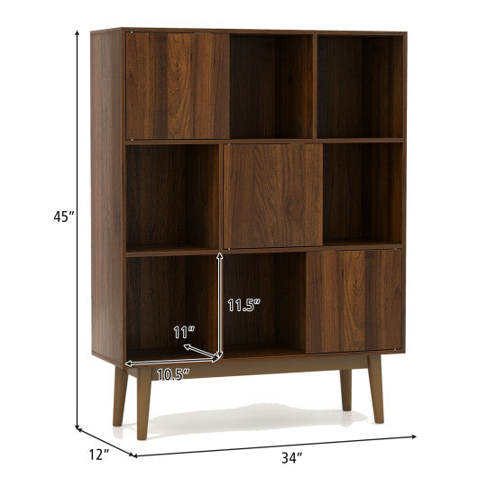 9-Cube Bookshelf with Open Shelves and 3 Door for Home Office-Walnut