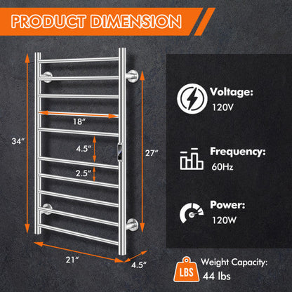 10-bar Heated Wall Mounted Towel Warmer with Timer-Silver