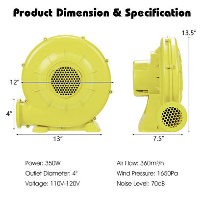 350 Watt 0.5 HP Air Blower Pump Fan for Inflatable Bounce House and Bouncy Castle-Yellow