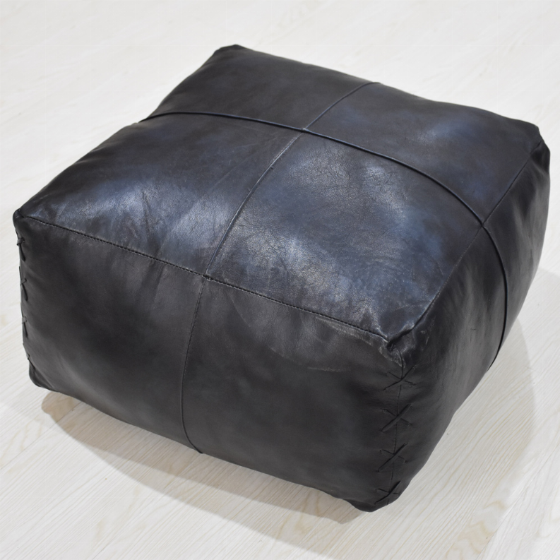 Solid Handmade Goat Leather Square Pouf (Recycled Cotton Fill)