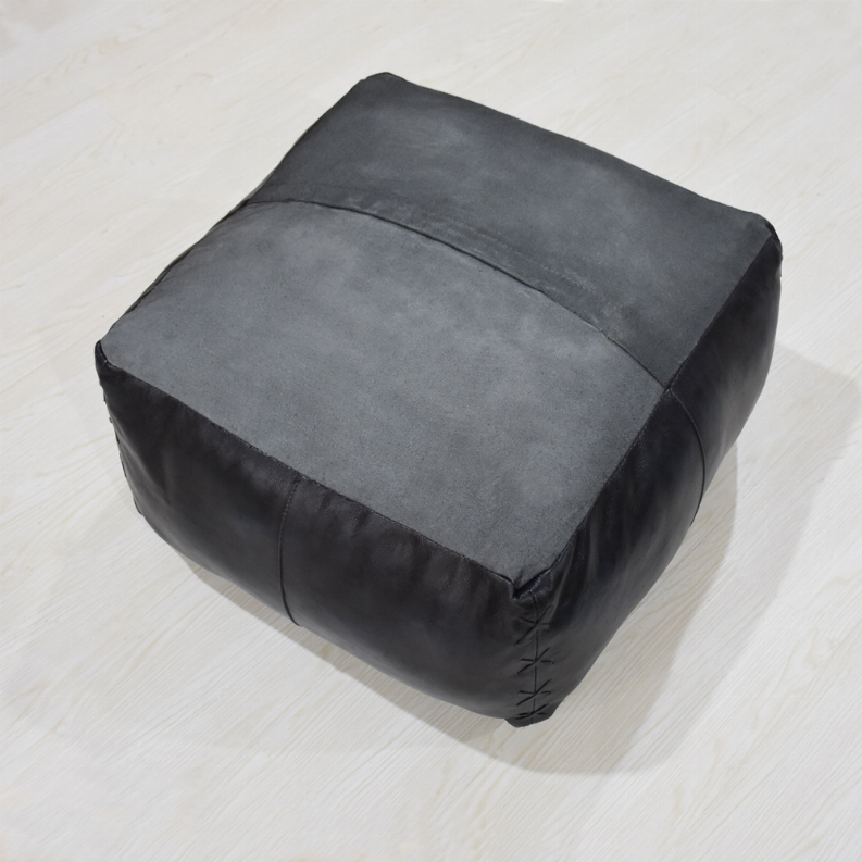 Solid Handmade Goat Leather Square Pouf (Recycled Cotton Fill)