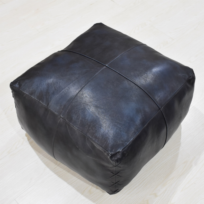 Solid Handmade Goat Leather Square Pouf (Recycled Cotton Fill)