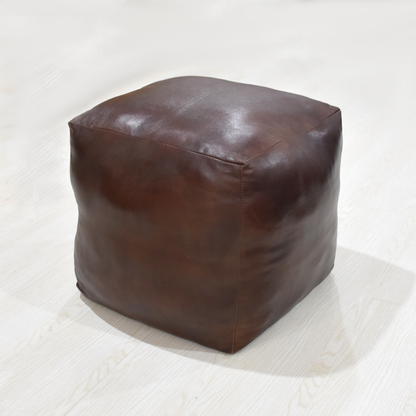 Solid Handmade Goat Leather Square Pouf (Recycled Cotton Fill)