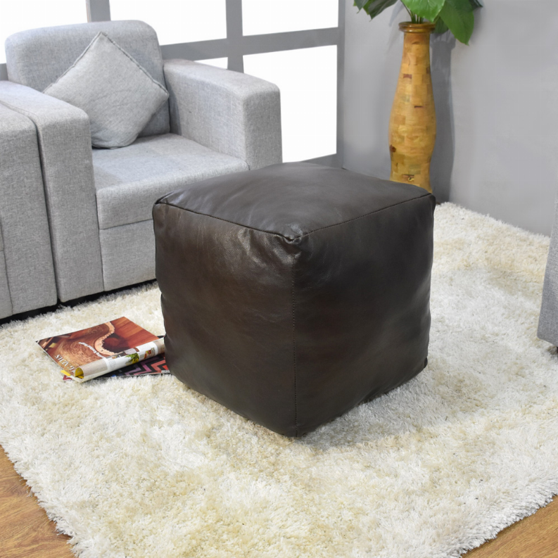 Solid Handmade Goat Leather Square Pouf (Recycled Cotton Fill)