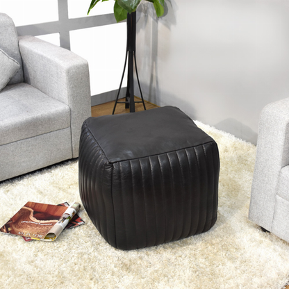 Solid Handmade Goat Leather Square Pouf (Recycled Cotton Fill)