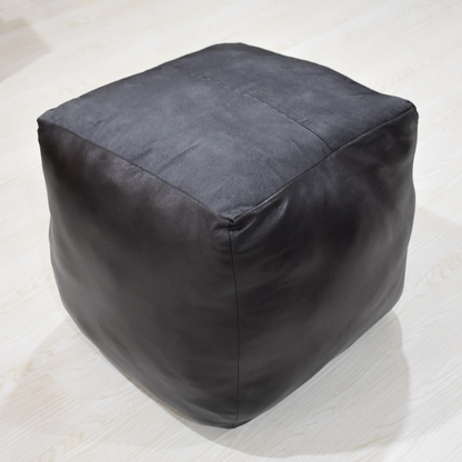 Solid Handmade Goat Leather Square Pouf (Recycled Cotton Fill)