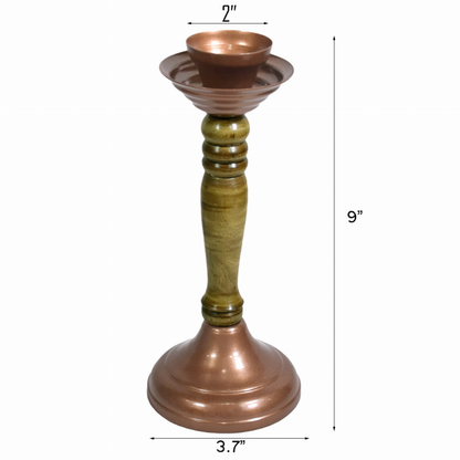 Handmade Bronze Color Coated Iron & Wood Traditional Pillar Inches Candle Holder