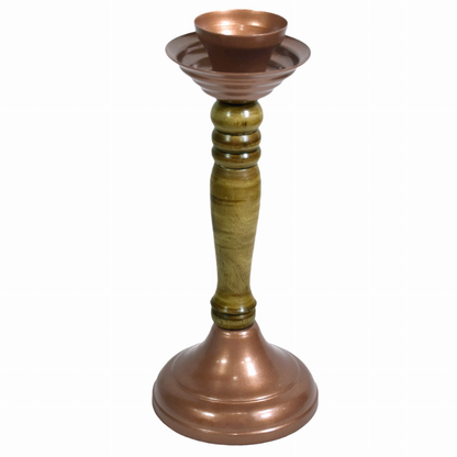 Handmade Bronze Color Coated Iron & Wood Traditional Pillar Inches Candle Holder