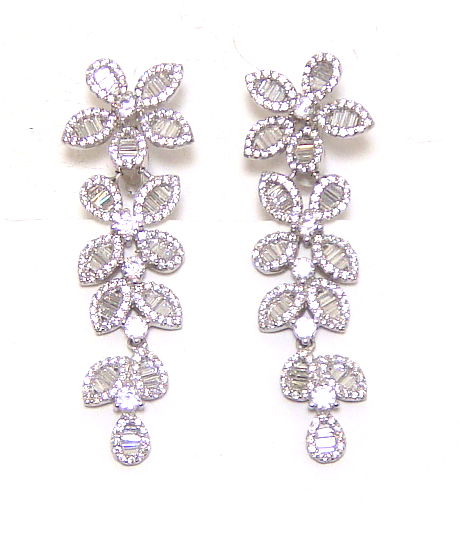 White Diamond Simulated Flower Style Drop Earrings in Sterling Silver