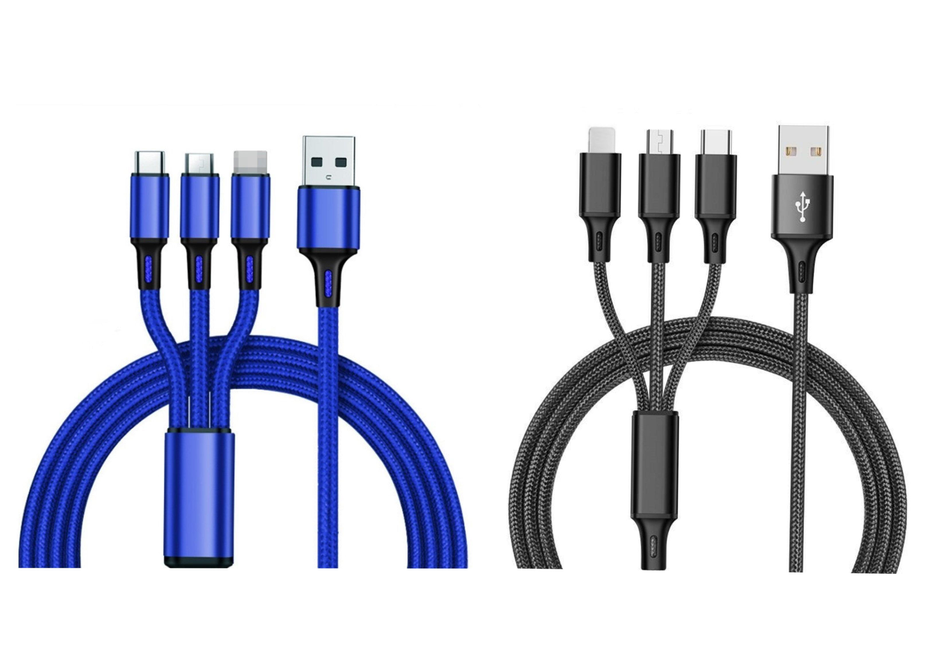 3-in-1 Nylon Braided 4FT 3A Charging Cable (8Pin, Type-C, Micro USB) Mix n Match