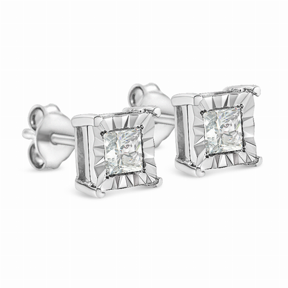 .925 Sterling Silver 1/2 Carat Total Weight Miracle Set Princess-cut Diamond Solitaire Stud Earrings