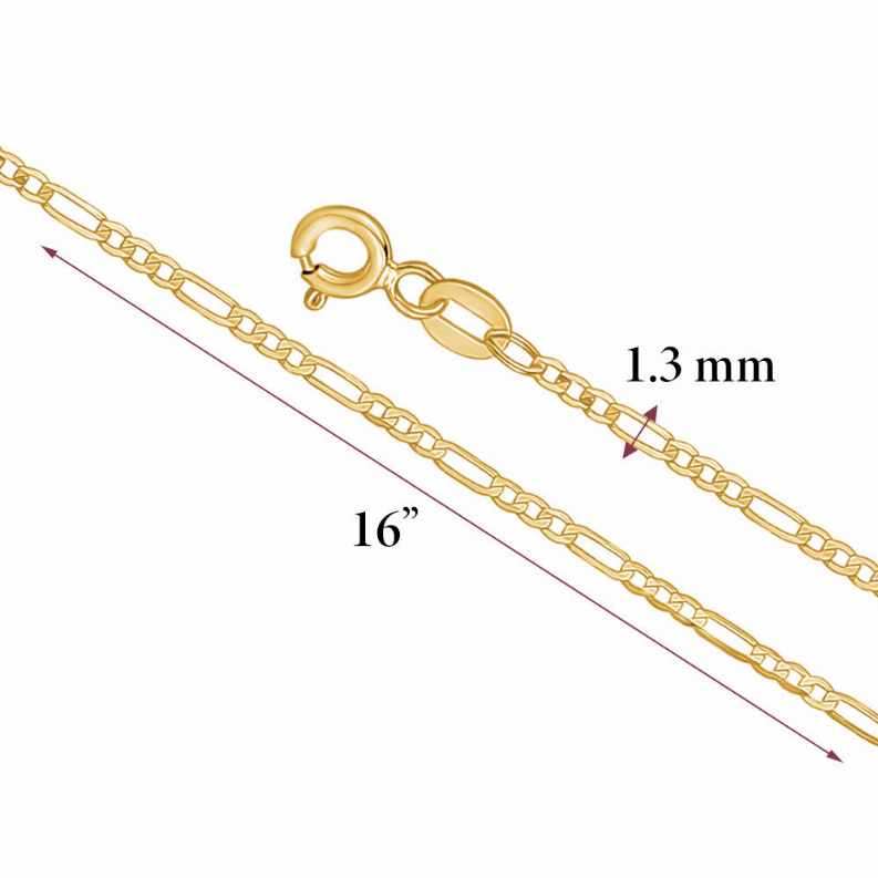 14K Solid Yellow Gold Figaro Link Chain 3+1 Necklace for Women and Girls Made in Italy