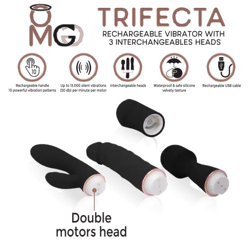 Trifecta Rechargeable Vibrator W/ 3 Interchangeable Heads Black