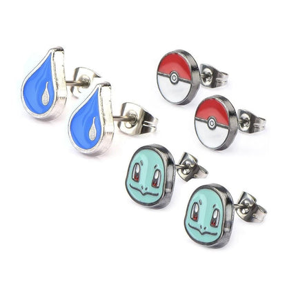 Pokemon Squirtle, Water Drop, & Pokeball Stud Earrings, Set of 3