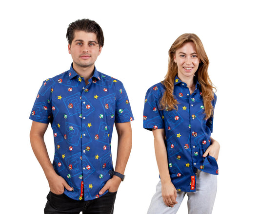 Super Mario Bros. Icons Navy Button-Up Short Sleeve Adult Shirt § X-Large