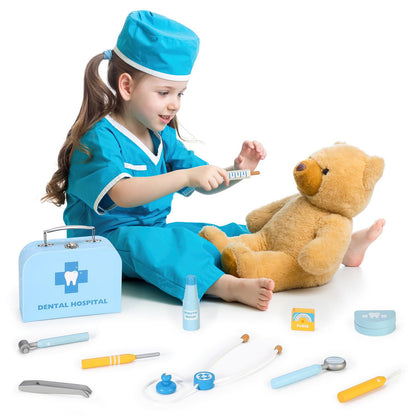 SOKA Wooden Dental Hospital Pretend Play Dentist Doctor Toy Medical Tool Kit 3+