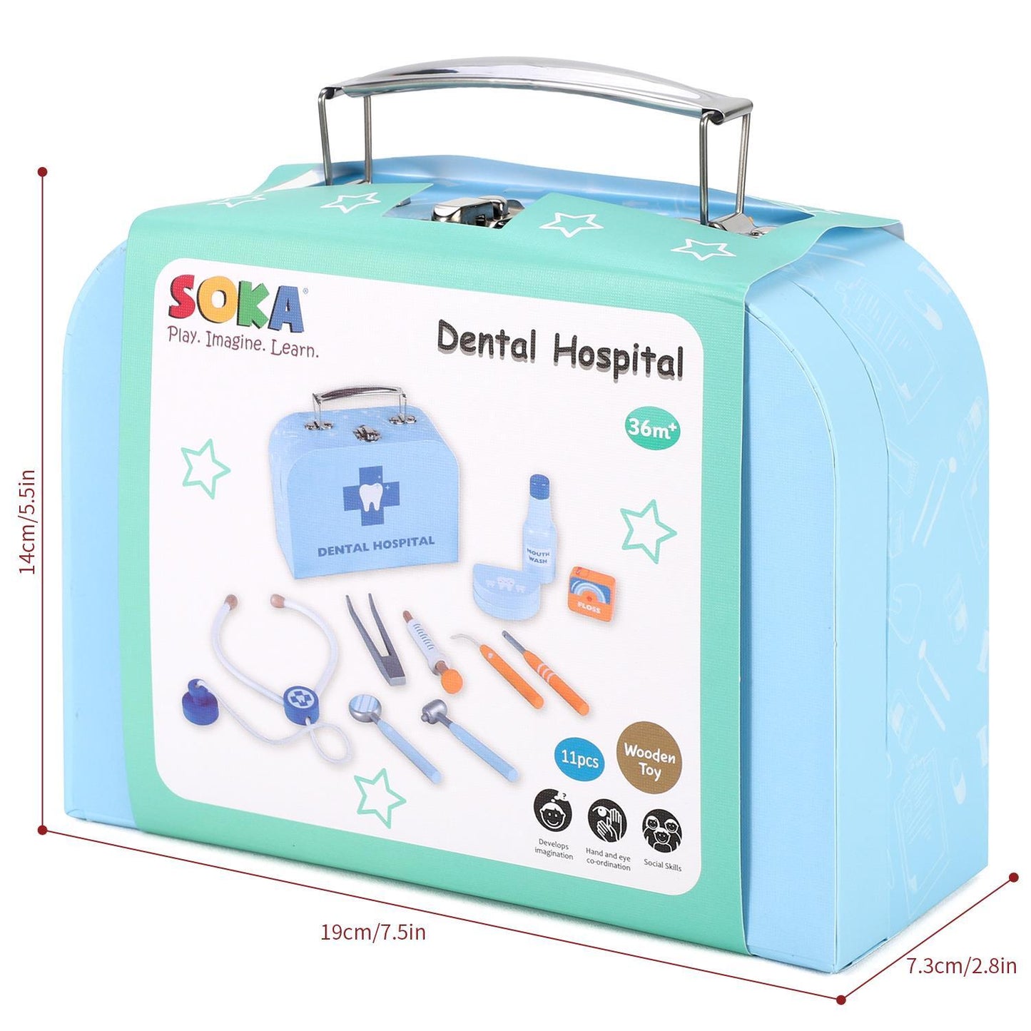 SOKA Wooden Dental Hospital Pretend Play Dentist Doctor Toy Medical Tool Kit 3+