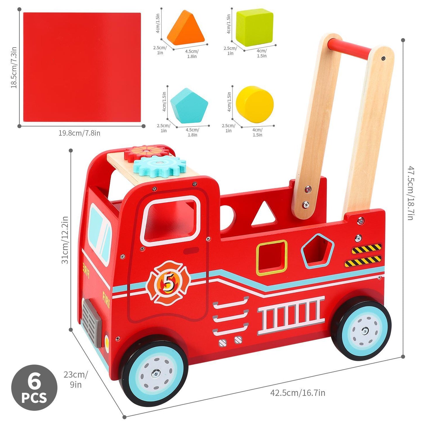 SOKA Wooden Fire Engine Rider and Push Along Toy Shape Blocks Activity Walker 1+