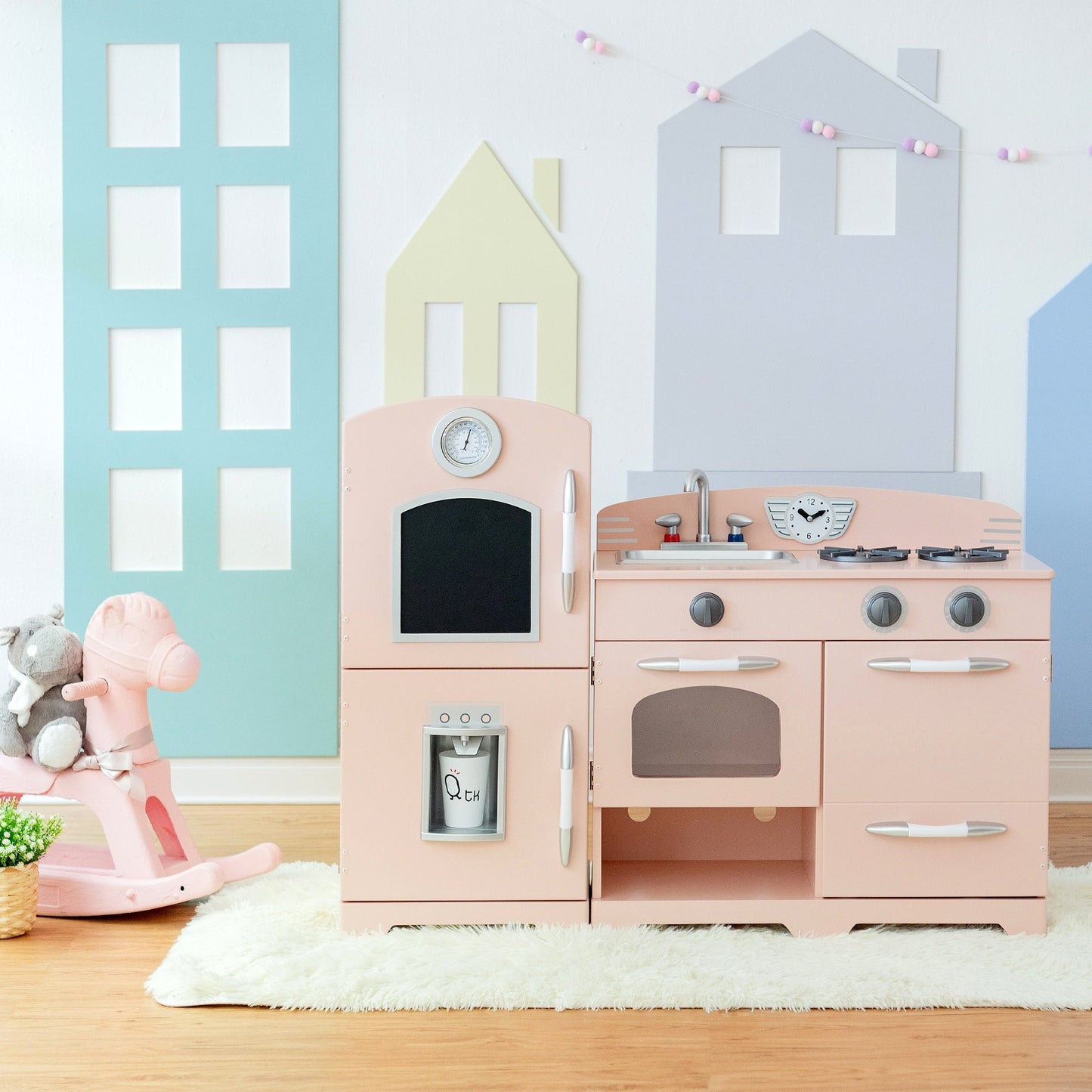 Pink Wooden Toy Kitchen with Fridge by Play Kitchen TD-11413P