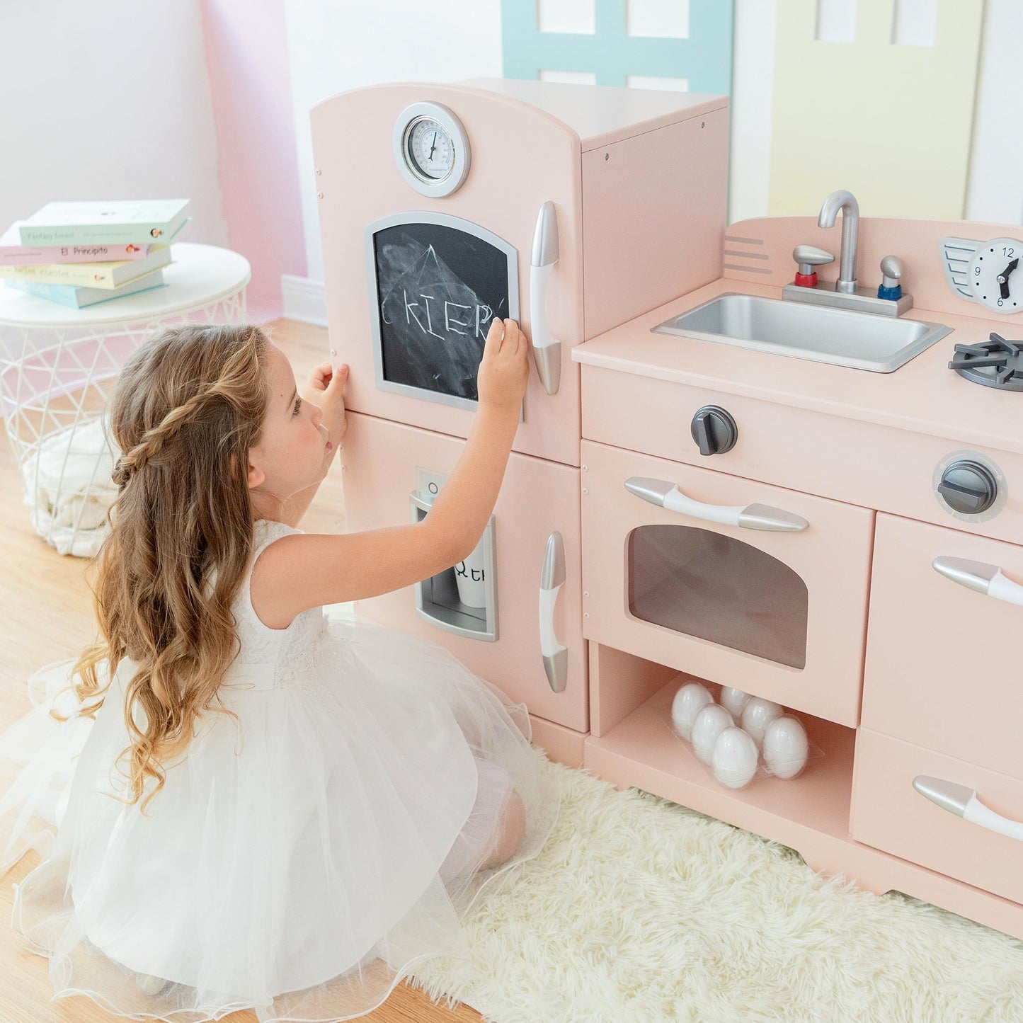 Pink Wooden Toy Kitchen with Fridge by Play Kitchen TD-11413P