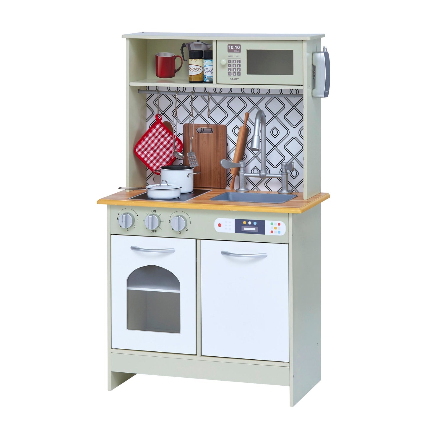 Wooden Kitchen Playset with Interactive Features & 9 Accessories