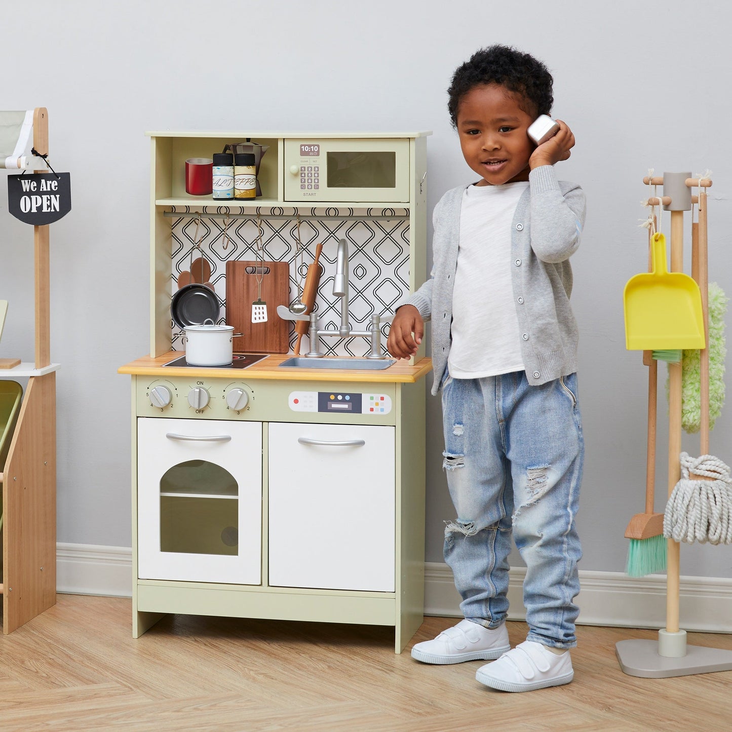 Wooden Kitchen Playset with Interactive Features & 9 Accessories