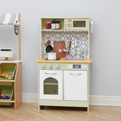 Wooden Kitchen Playset with Interactive Features & 9 Accessories